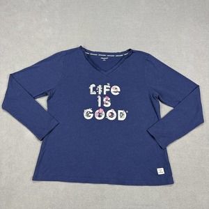 Life Is Good Sleep Shirt Womens Large Blue V Neck Floral Long Sleeve Sleepwear